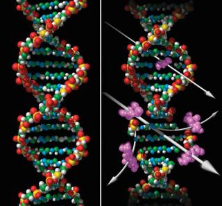 An illustration of a DNA strand being damaged by ionising radiation.