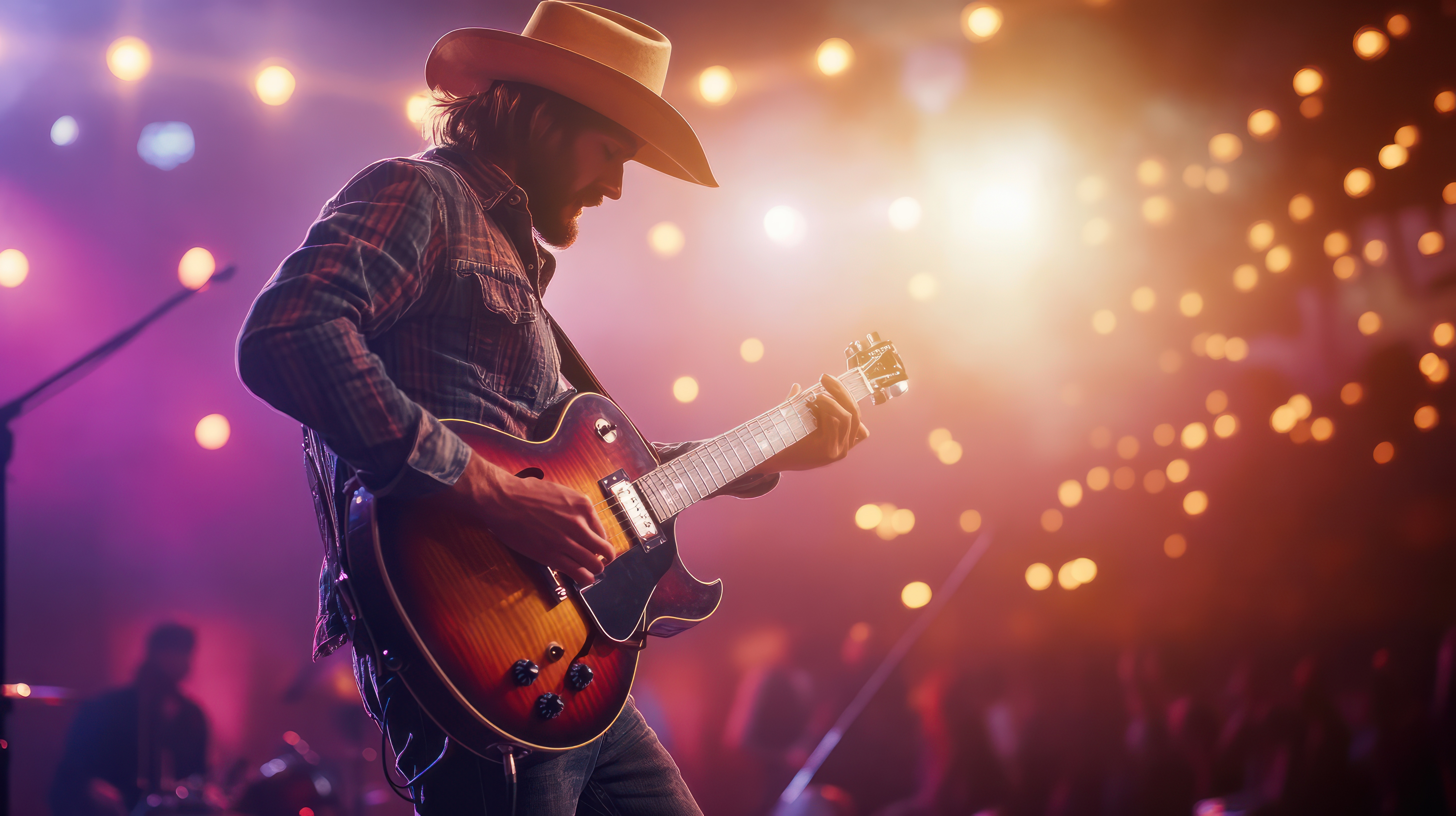 Man in a Stetson plays a guitar at Cosmic Country