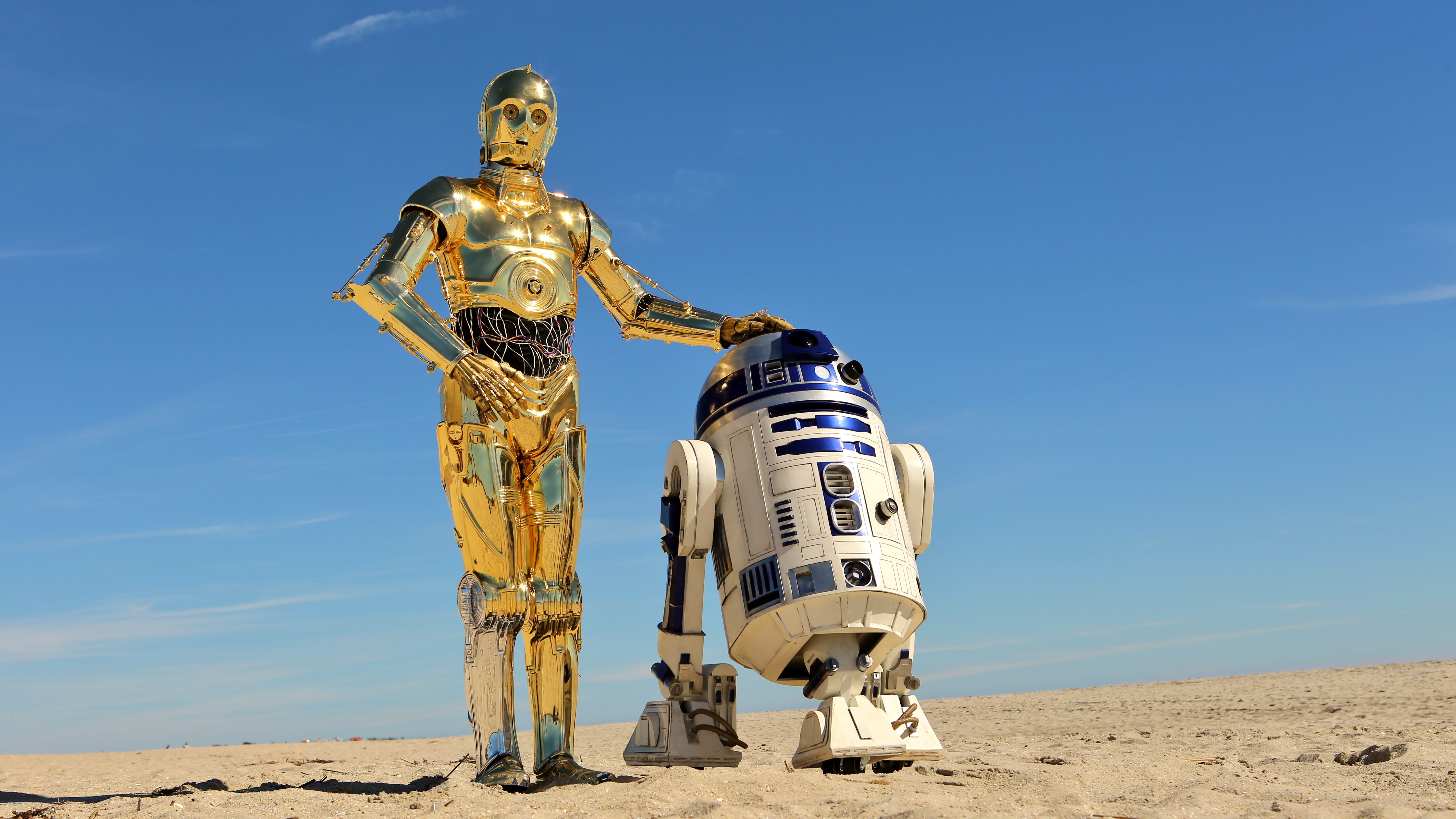 C-3PO and R2-D2 stood in the sandy desert on Tatooine.
