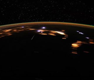 Peak of the Lyrid meteor shower on 21 April 2012 taken by astronaut Don Pettit, then aboard the International Space Station.