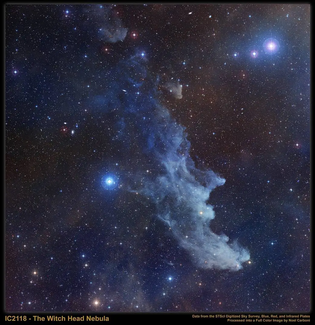 As the name implies, this reflection nebula associated with the star Rigel looks suspiciously like a fairytale crone. Formally known as IC 2118 in the constellation Orion, the Witch Head Nebula glows primarily by light reflected from the star.