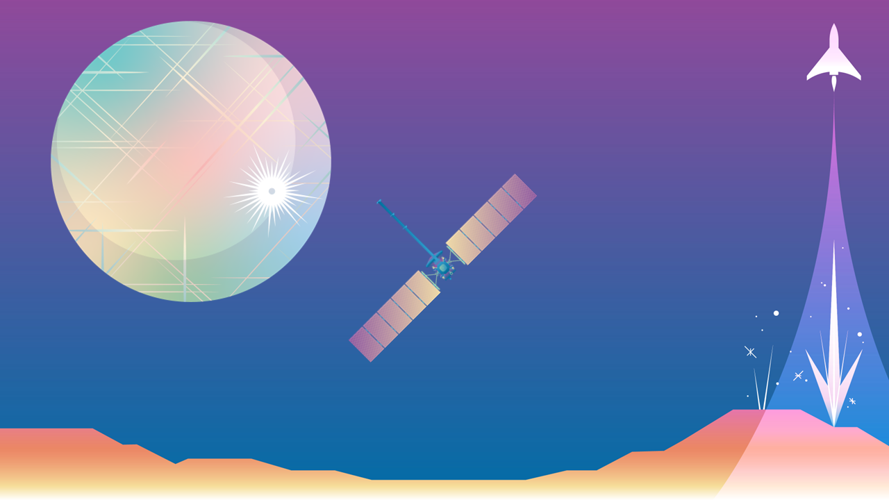 Artwork of the Europa Clipper spacecraft orbiting Europa.