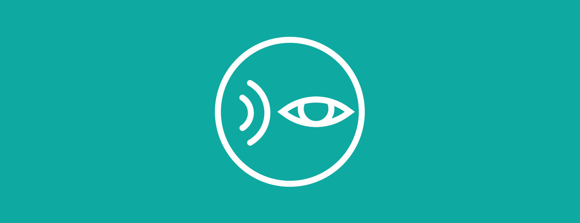 Teal background with a while circle, containing a white eye and two curved white lines making a 'wave'.