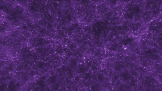 Each bright knot is an entire galaxy, while the purple filaments show where material exists between the galaxies. This visualisation allows us to see the strands of material connecting the galaxies and forming the cosmic web.