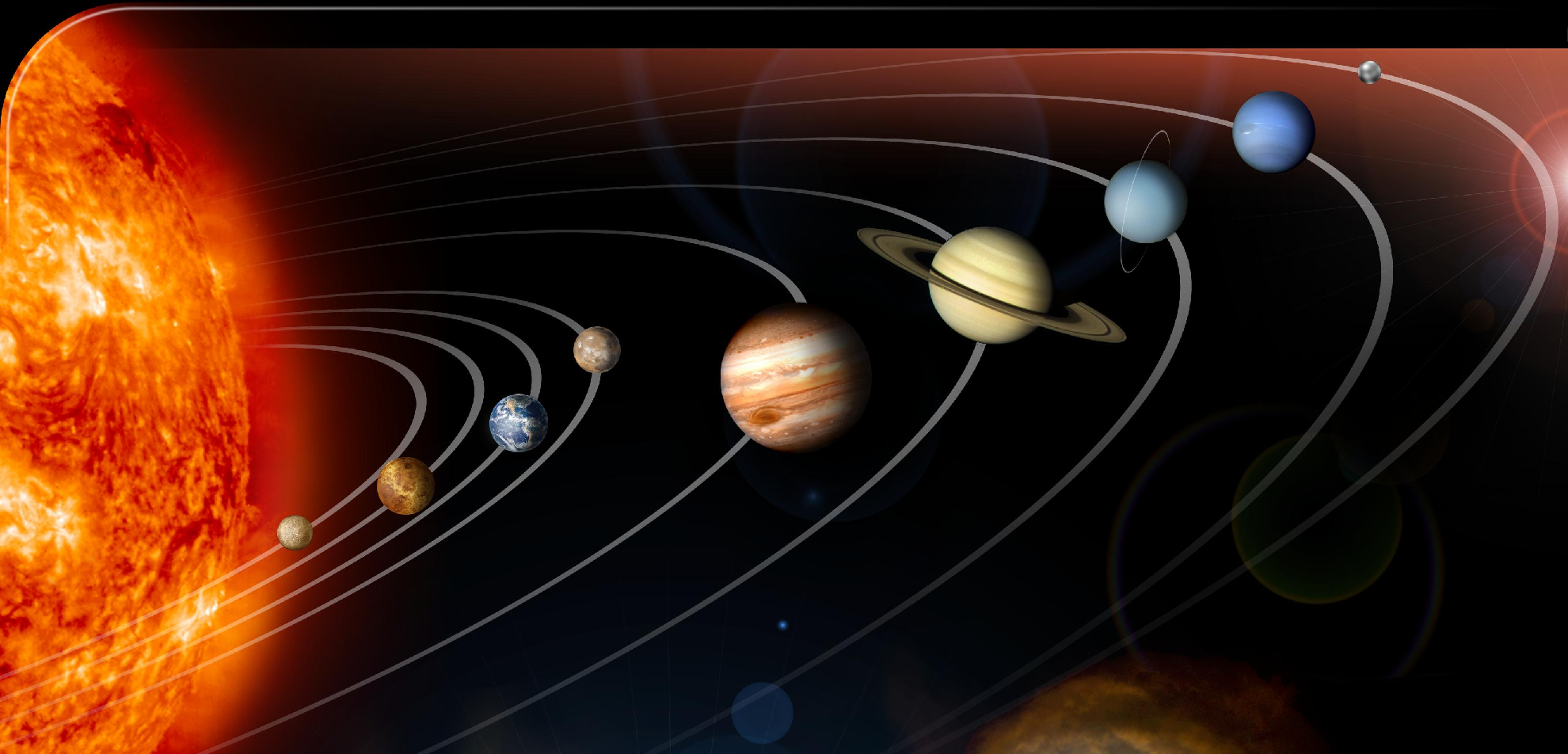 The solar system's Planets and the sun, with the planets aligned and the sun on the far left. The planets' orbit paths are show by translucent grey lines.