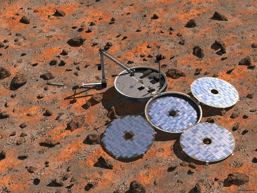 Artist’s impression of Beagle 2 fully deployed on the surface of Mars.