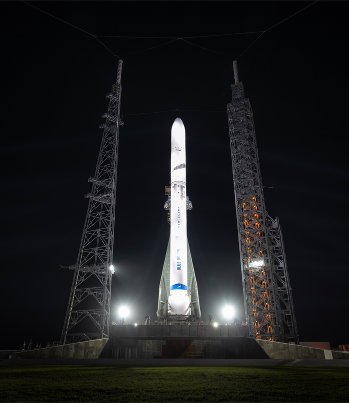 The New Glenn rocket fully stacked on the launch pad