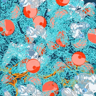 Illustration Of Fishing Nets Tangled With Plastics And Bottles.