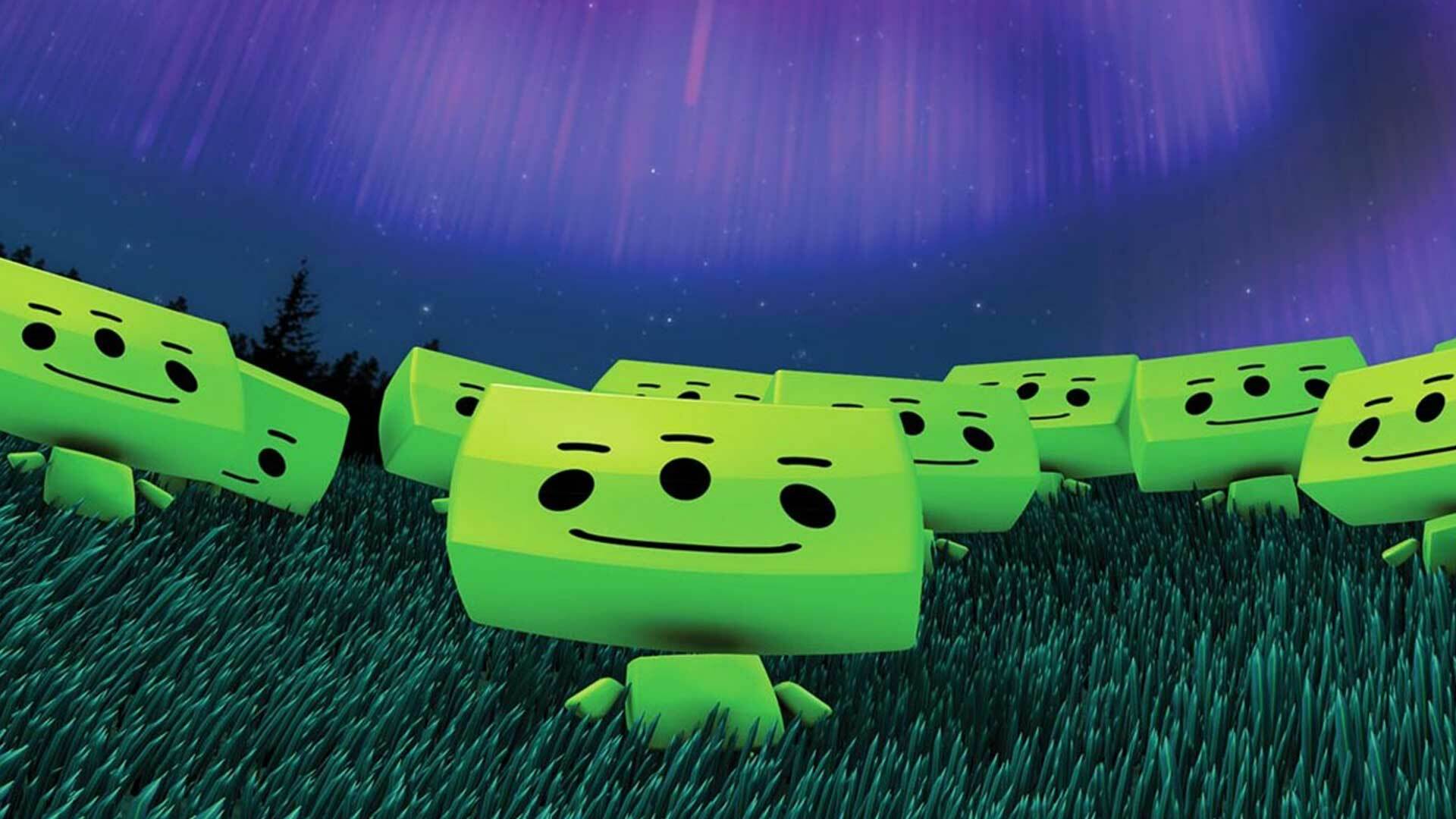 Cartoon green aliens on grass, looking up to a purple aroura.
