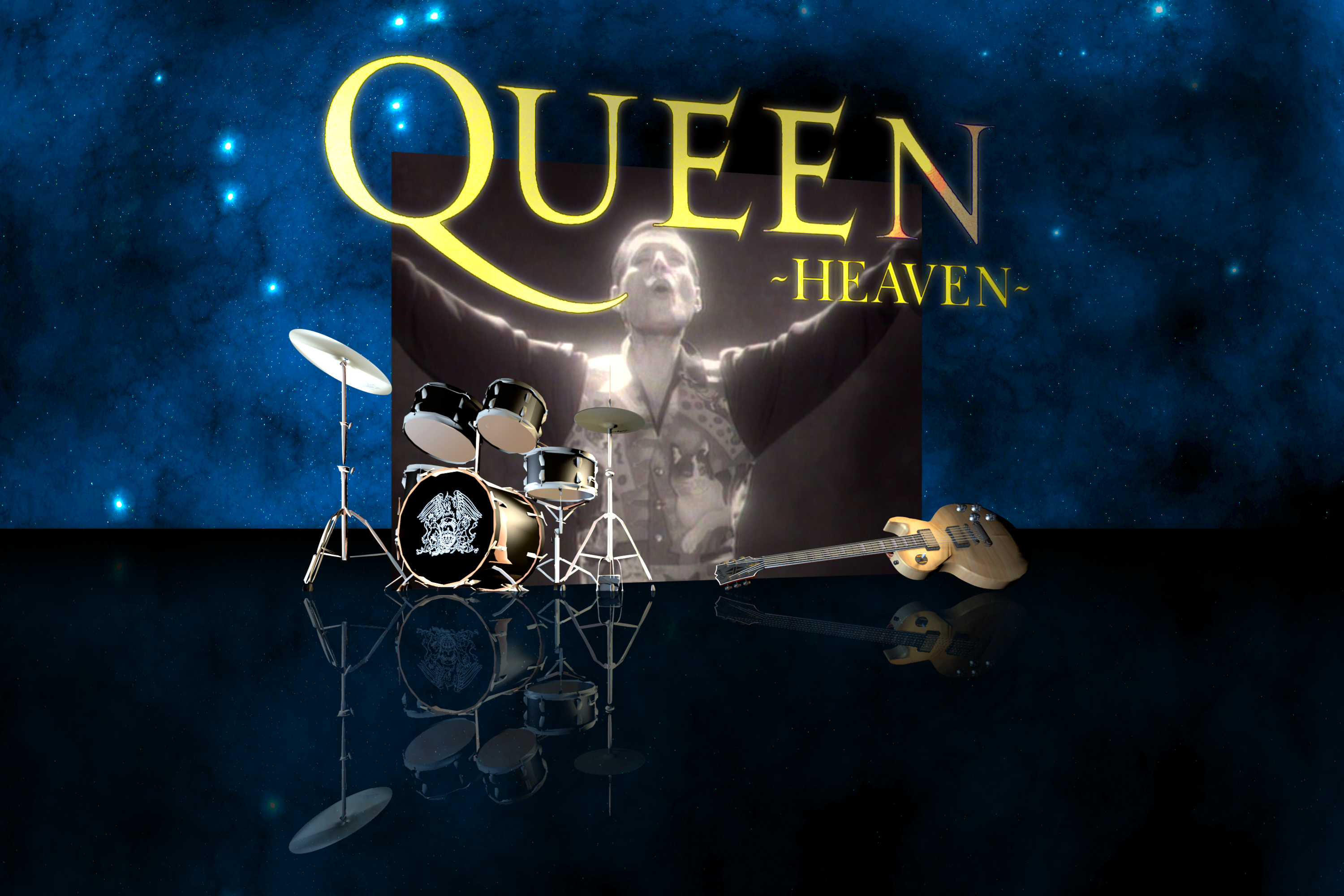 Dark Queen Heaven logo with drum set and guitar (landscape)
