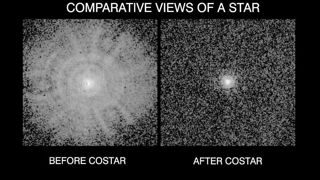 A comparison of an image of a star before and after COSTAR was installed onboard the Hubble Space Telescope.