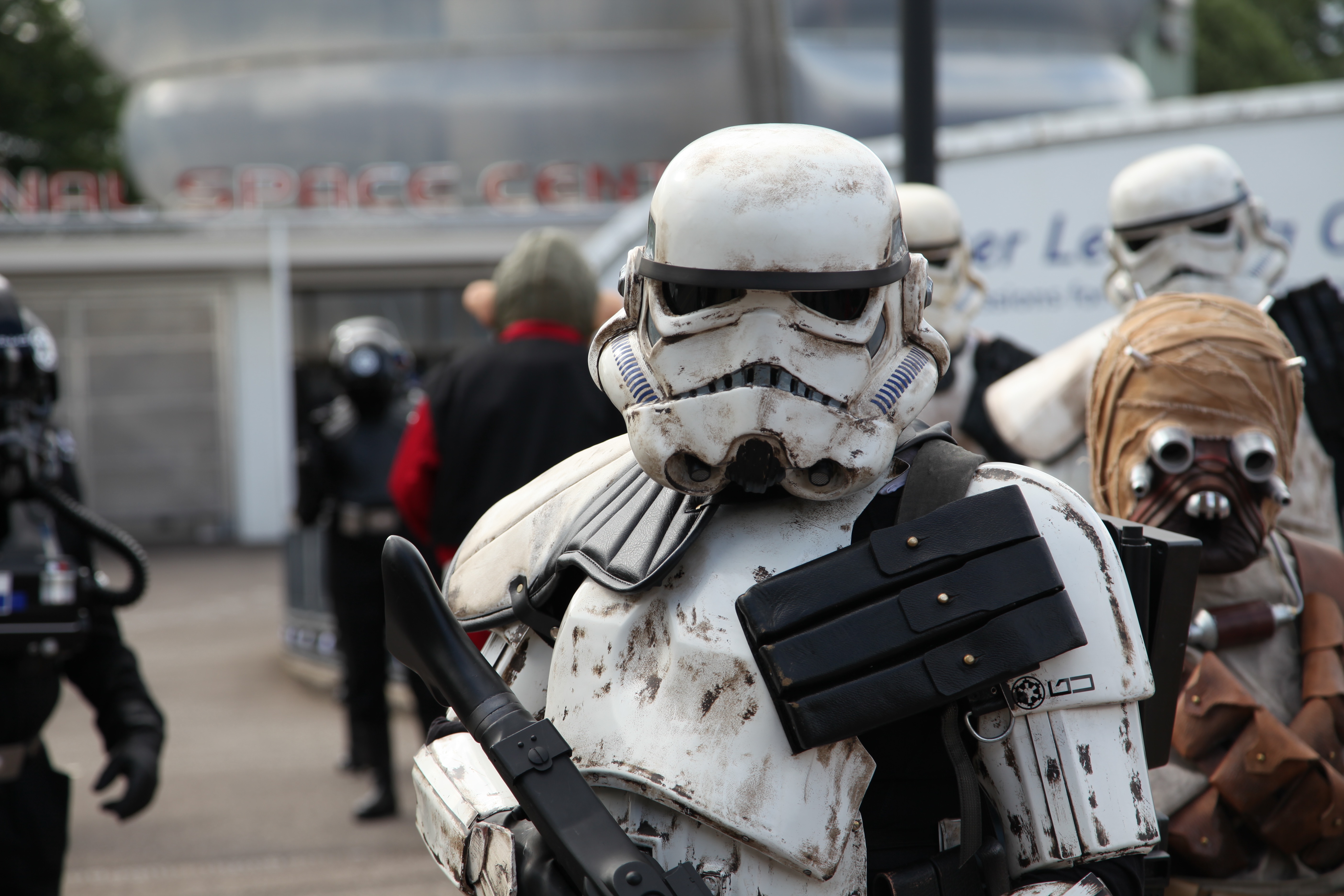 Sandtrooper and Tusken Raider on the main entrance ramp at Galactic Gathering event