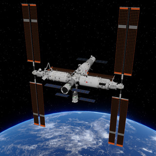 A representation of the Chinese Tiangong space station with the Tianhe in the centre of the image. 