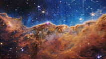 The Carina Nebula imaged in infrared light by the James Webb Space Telescope.