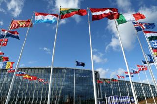 Flags Of Members Of North Atlantic Treaty Organization NATO Flying Outside Of The NATO Headquarters In Brussels Belgium. Credit Dursun Aydemir And Anadolu Agency