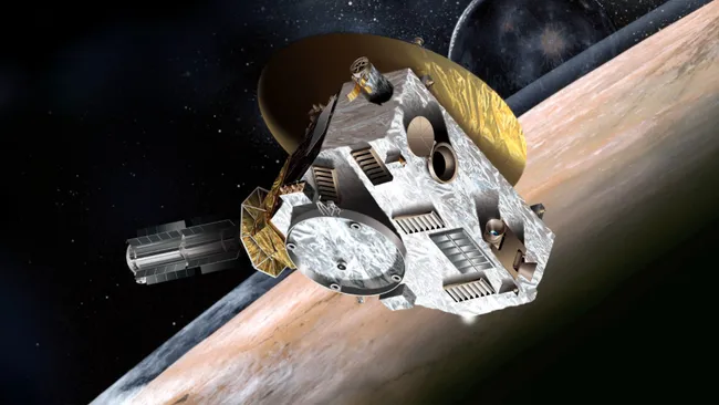 An illustration of the New Horizons spacecraft flying past Pluto and its moon Charon.
